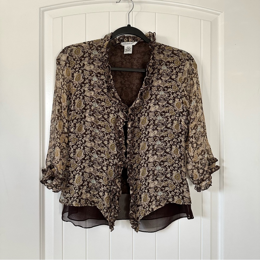 Malcolm & Co Y2K Vintage 100% Silk Flowy Button Up Tiered Blouse 3/4 Sleeves